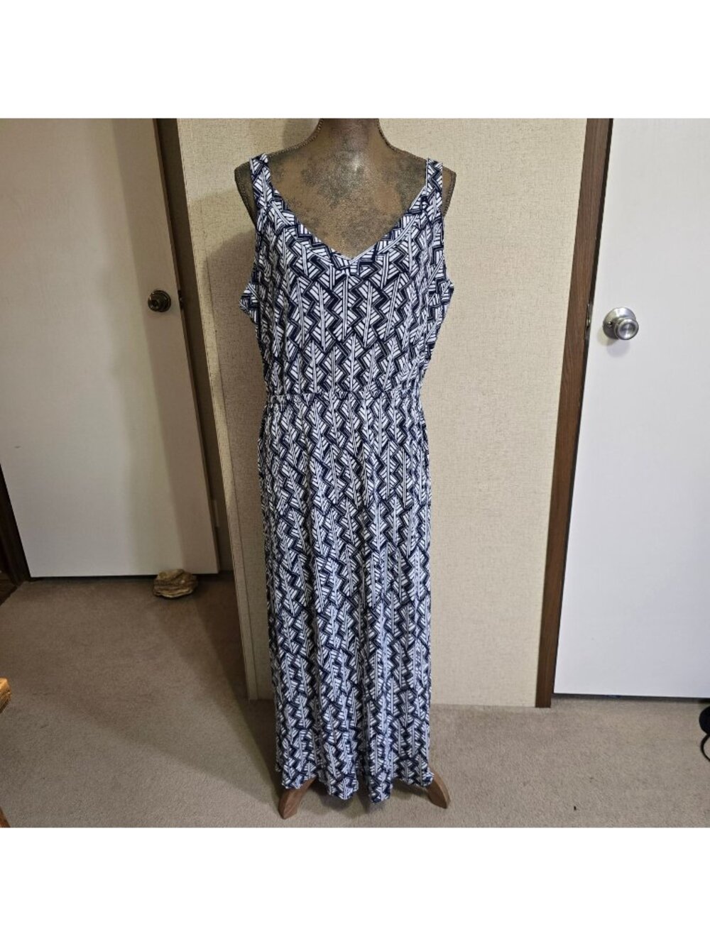 Lucky Brand 1X Womens Sleeveless Maxi Dress Blue/White Geometric Print Casual